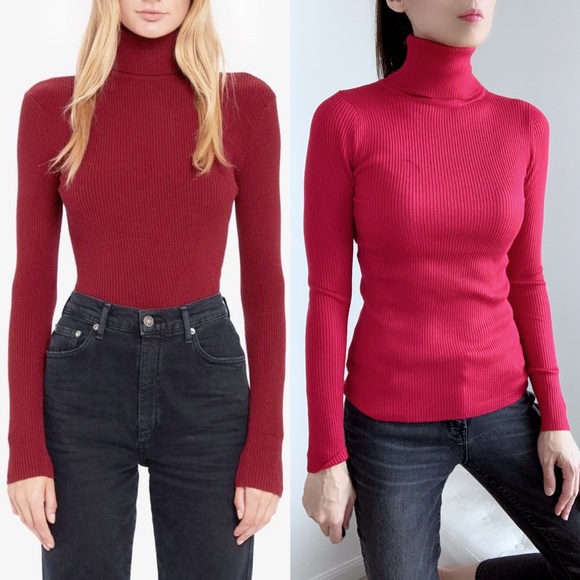 RED SLIM FIT RIBBED TURTLENECK TOP - Picture 14 of 14